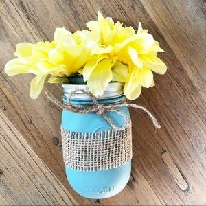 Teal Blue Mason Jar Flowers Centerpiece